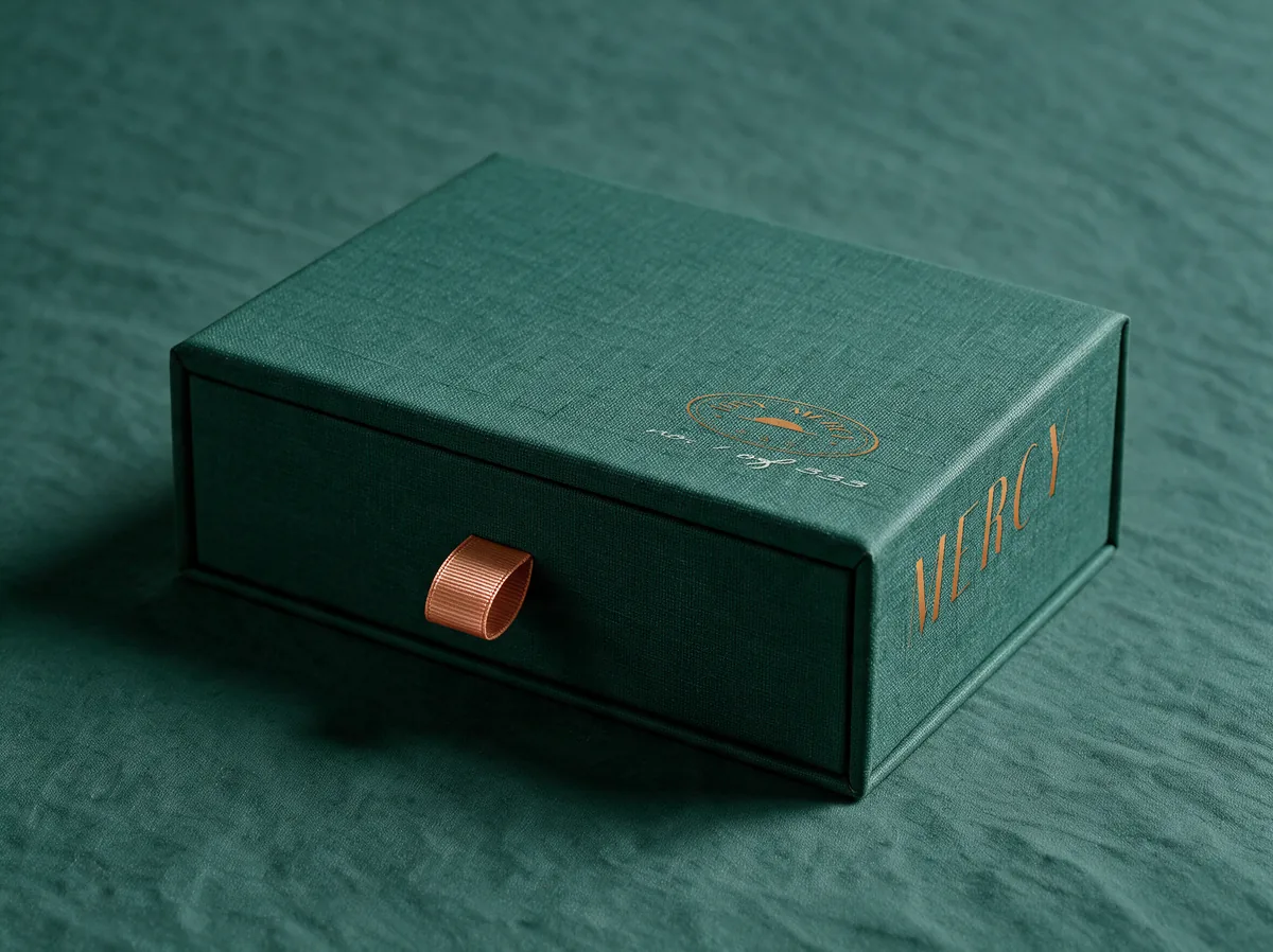 Closed pine linen box on a pine ground, MERCY in copper foil down the side, a copper seal on the lid numbered of 300, copper ribbon pull at the front