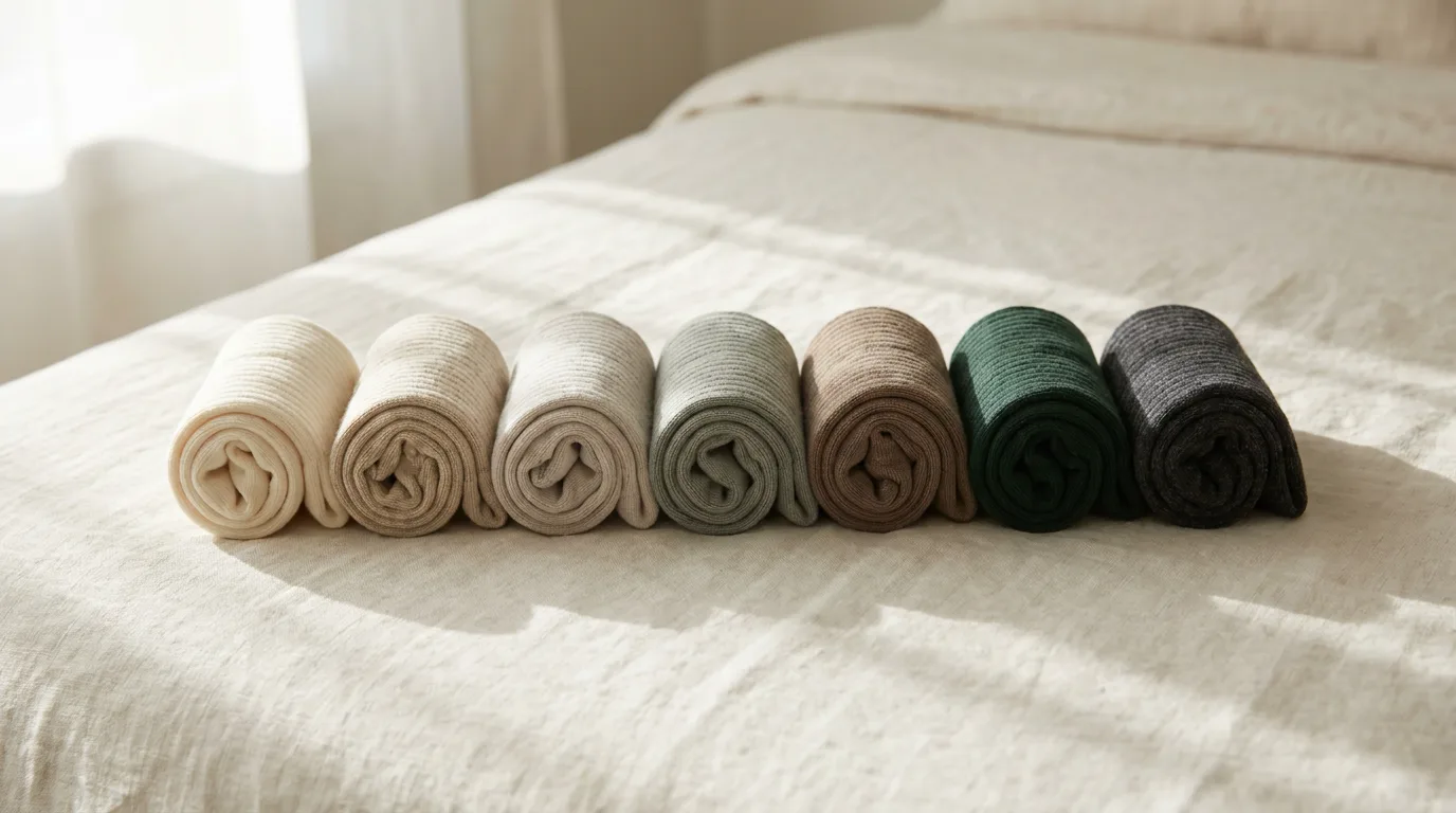 Seven rolled cotton pairs in soft neutral and deep shades on ivory linen